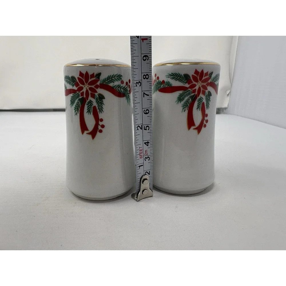 Vintage Elegant Christmas Poinsettia & Ribbons Ceramic Salt & Pepper Shakers